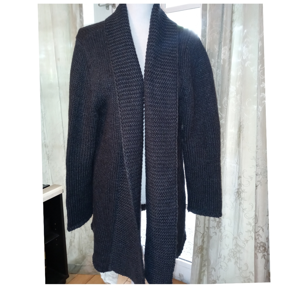 Oversized Dark Gray Chunky Knit Alpaca Open Cardigan Sweater Size Large J.Jill●